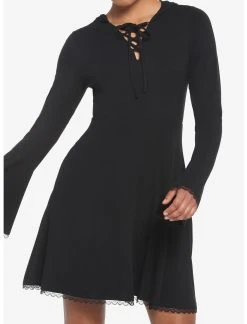 HUNIVERS Black Lace-Up Front Hooded Dress