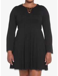 HUNIVERS Black Lace-Up Front Hooded Dress Plus Size